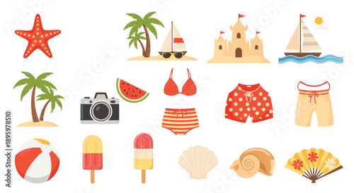 Large collection of summer and beach holiday icons including palm trees, sailboats, swimwear, ice cream, and seashells on a white background.