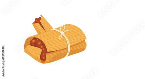 Traditional mexican tamales wrapped in corn husks and tied with string are presented as a delicious culinary icon on a plain white background.
