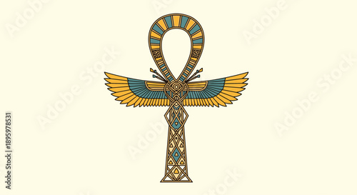 Ancient egyptian ankh symbol features large spread wings and intricate traditional patterns in gold and teal colors on a light background.