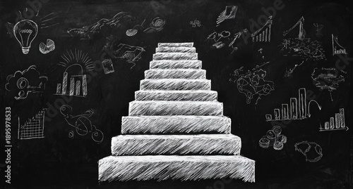 Black background illustration features a chalk-drawn staircase ascending towards a sketched lightbulb, surrounded by various business-related doodles