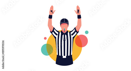 Sports referee in a black and white striped shirt raises both arms to make a touchdown or point signal against a colorful background.