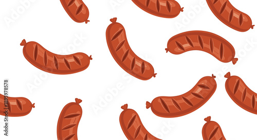 Seamless food pattern of cooked brown sausages or bratwursts scattered across a clean white background for culinary themes.