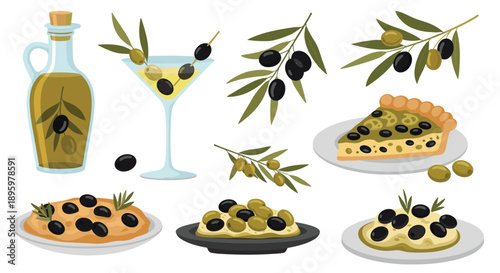 Assortment of olive themed food items including a bottle of oil, martinis, pizza slice, pasta, and fresh olive branches with fruits.