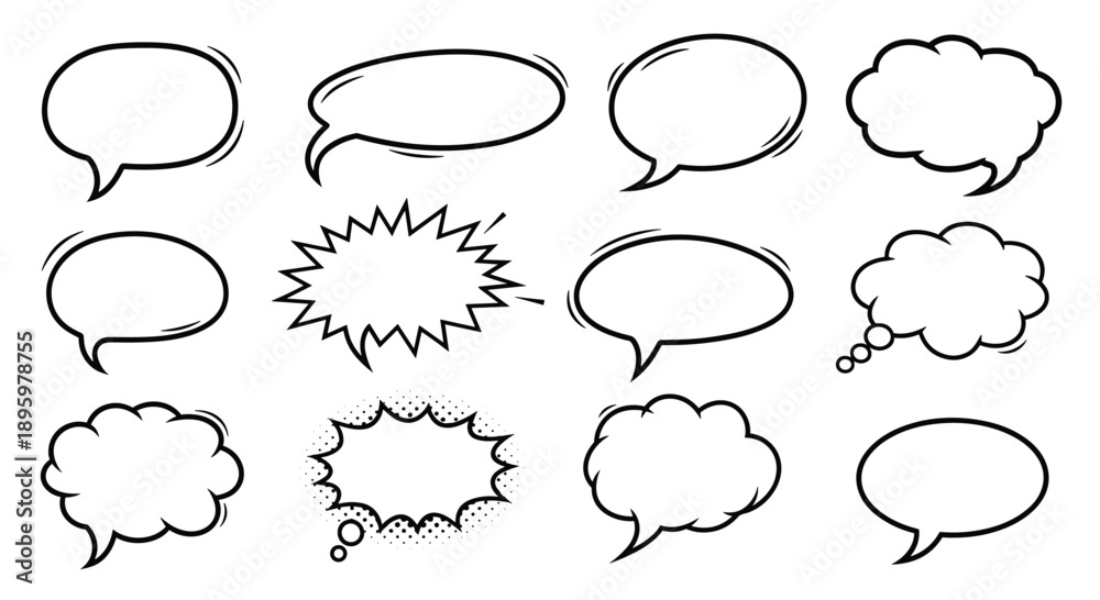 Fototapeta premium Diverse set of comic book speech bubbles with various outlines including clouds and jagged shapes are presented on a white background.