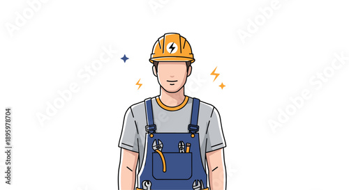 Professional electrician character wearing an orange hard hat and blue overalls is surrounded by tools and lightning bolt symbols for work.