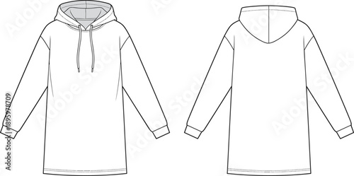 Long hooded sweatshirt dress front back view vector illustration flat design casual apparel fashion template technical outline mockup clothing sketch