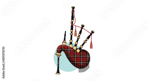 Traditional scottish bagpipes featuring a red tartan pattern are illustrated in a classic style on a soft blue circular background.