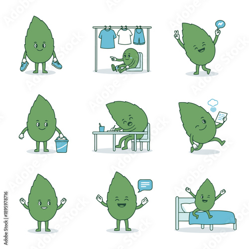 Green leaf character mascot collection featuring daily activities such as laundry cleaning writing messaging waking up and celebrating for nature concepts