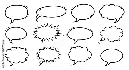 Diverse set of comic book speech bubbles with various outlines including clouds and jagged shapes are presented on a white background.