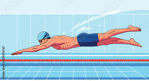 Powerful male swimmer is shown mid stroke while performing the butterfly technique in a swimming pool with lane lines and blue water.
