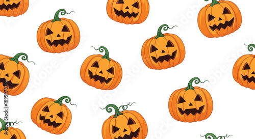 Spooky repeating pattern of orange jack o lantern pumpkins with carved faces is scattered across a white background for a halloween theme.