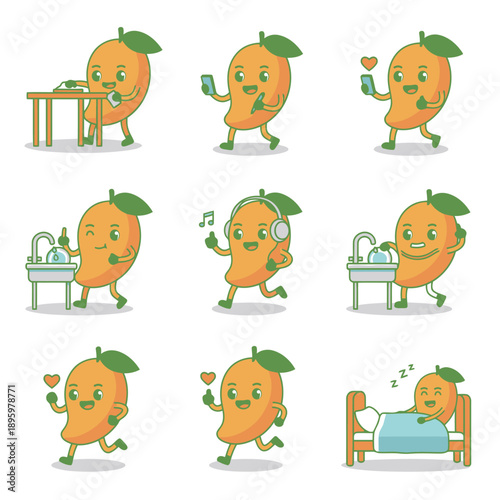Happy mango fruit character mascot set showing different actions like washing dishes listening to music running sleeping and using phone for food themes