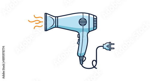 Light blue electric hair dryer is shown with warm heat lines coming out of the nozzle and a power cord with a plug for a beauty salon theme.