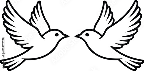 Two Flying Doves Facing Each Other in Symmetry Line Art Illustration Symbolizing Peace Love Freedom Wedding Faith and Spiritual Harmony Design
