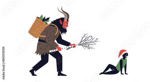 Folklore illustration of krampus holding a birch switch bundle and carrying a basket, threatening a cowering person in a red hat.