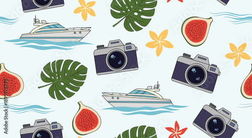 Vibrant seamless pattern with summer travel elements including luxury yachts, vintage cameras, figs, monstera leaves, and tropical flowers.