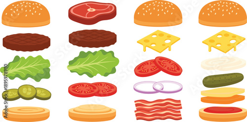 Burger Ingredients Set With Bun Meat Cheese Bacon And Fresh Vegetables Food Vector Illustration