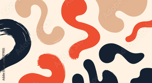 Contemporary abstract background featuring a mix of fluid organic shapes in orange, black, and tan colors on a cream surface.