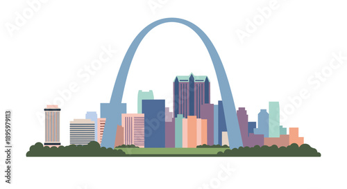 Silhouette of the St. Louis city skyline featuring the iconic Gateway Arch and various skyscrapers against a white background.