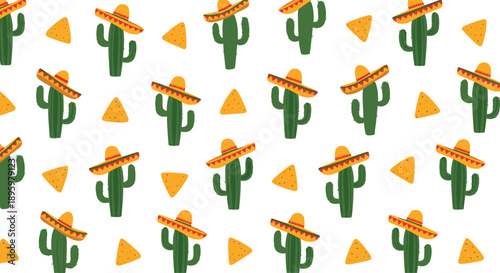 Fun seamless pattern featuring green cacti wearing Mexican sombreros and triangular nacho chips on a white background.