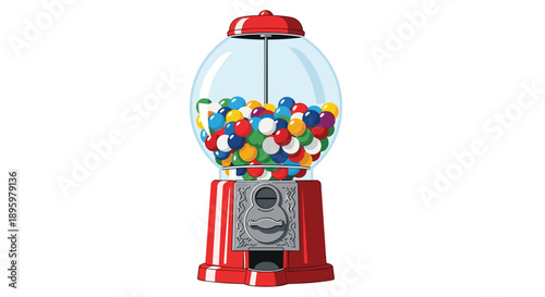 Classic red gumball machine with a glass globe filled with colorful round candies on a white background.