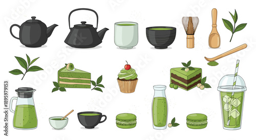 Large assortment of matcha green tea products including tea pots, bowls, whisk, cakes, macarons, and iced drinks.