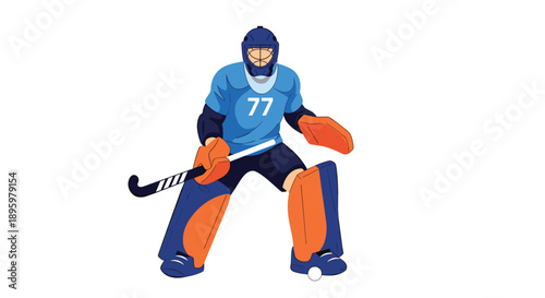 Field hockey goalie in full protective gear and blue uniform guarding the goal on a clean white background.