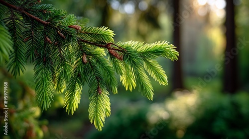 Close-up of Evergreen Branch in a Forest Setting.