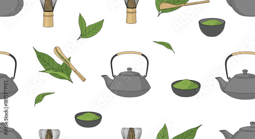 Traditional matcha green tea ceremony set with teapot and whisk arranged in a seamless pattern on a clean white background.
