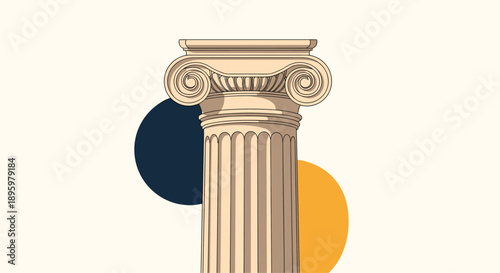 Classical ionic column with decorative scroll capital and fluted shaft stands against a minimalist geometric background.