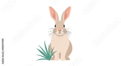 Cute beige rabbit sits calmly next to a small tuft of green grass in a clean and minimalist animal illustration.