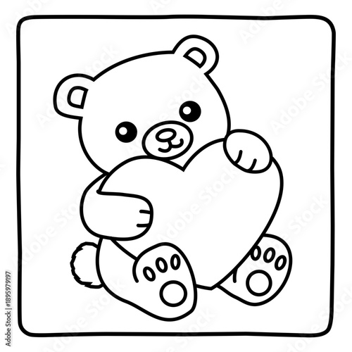 cute valentine's day kids coloring page image, adorable teddy bear holding a heart, love, bold and easy, children activity