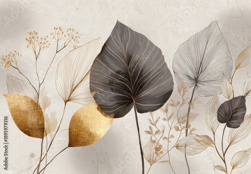 Botanical illustration featuring abstract gold and gray leaves with intricate veins, set against a textured, neutral background