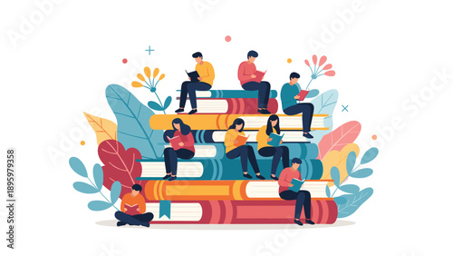 Group of eager readers and students sits on a massive pile of colorful giant books while reading and sharing knowledge together.