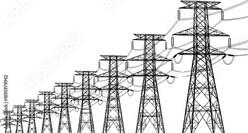 High voltage power transmission towers in perspective, detailed black and white illustration of electricity infrastructure, energy distribution network and industrial technology isolated on white 
