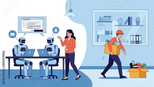 Modern workplace scene where artificial intelligence robots replace human workers who are leaving with their belongings.