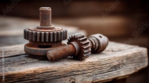 Close-up of Rusty Gears and Bolts on Wooden Surface.