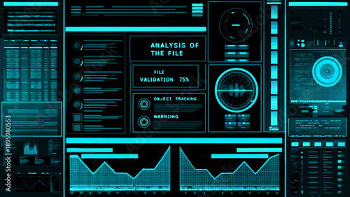 Futuristic digital interface with data visualizations and analysis displays