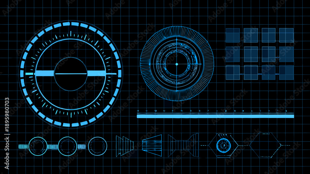 Obraz premium Futuristic interface elements displayed on a dark blue grid background