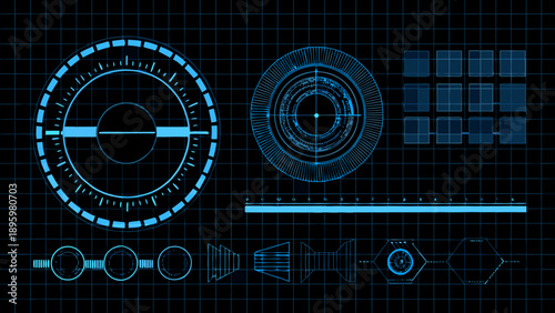 Futuristic interface elements displayed on a dark blue grid background