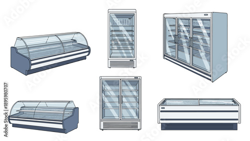 Range of commercial refrigeration display cases and glass fronted coolers used for food storage in grocery supermarkets.