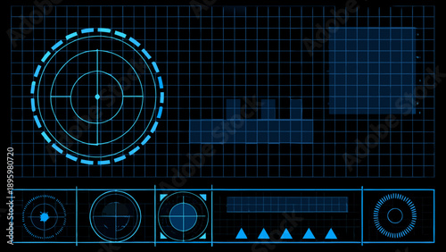 Abstract blue geometric shapes and targeting reticles on a dark background