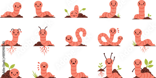 Cute Earthworm Characters Set With Expressions Soil And Plants Cartoon Garden Vector Illustration