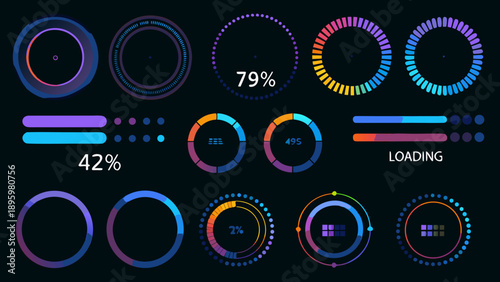 Collection of vibrant circular loading indicators and progress bars on a dark background