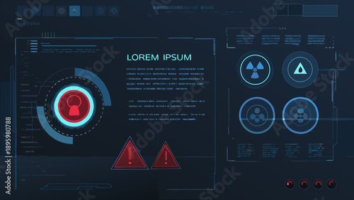 Futuristic digital interface displaying security alerts and system diagnostics