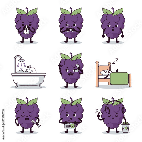 Purple grape character mascot showing daily routine habits like taking a shower playing games listening to music and sleeping vector set
