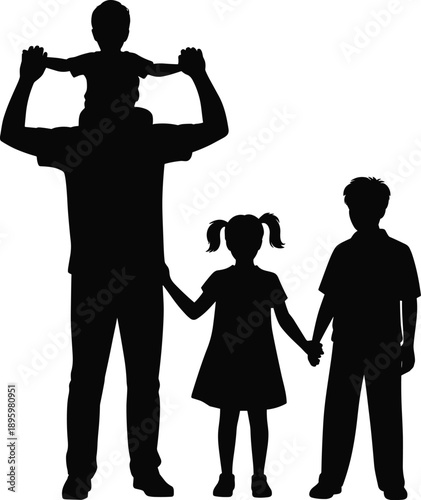 Black family silhouette illustration showing father carrying child on shoulders holding hands with two children, symbolizing parenting, love, protection, unity, childhood, and family bonding concept