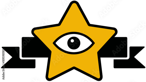 A golden five-pointed star with a black outline featuring a central eye and black banner