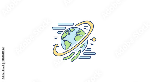 Colorful illustration of the Earth with a ring and motion lines.