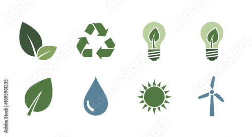 Eco-friendly icons representing sustainability and renewable energy.
